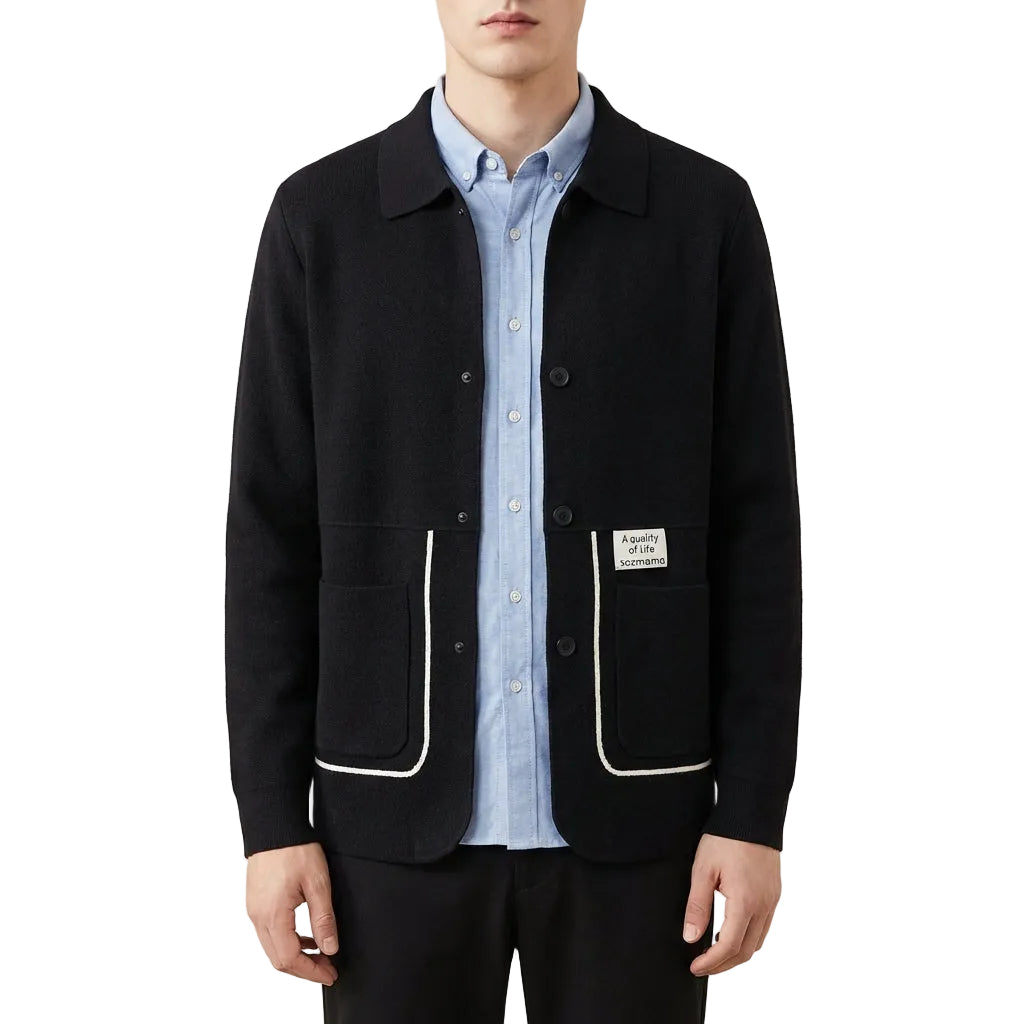 Men’s Cardigan Flat Point Collar and Dual Patch Pockets