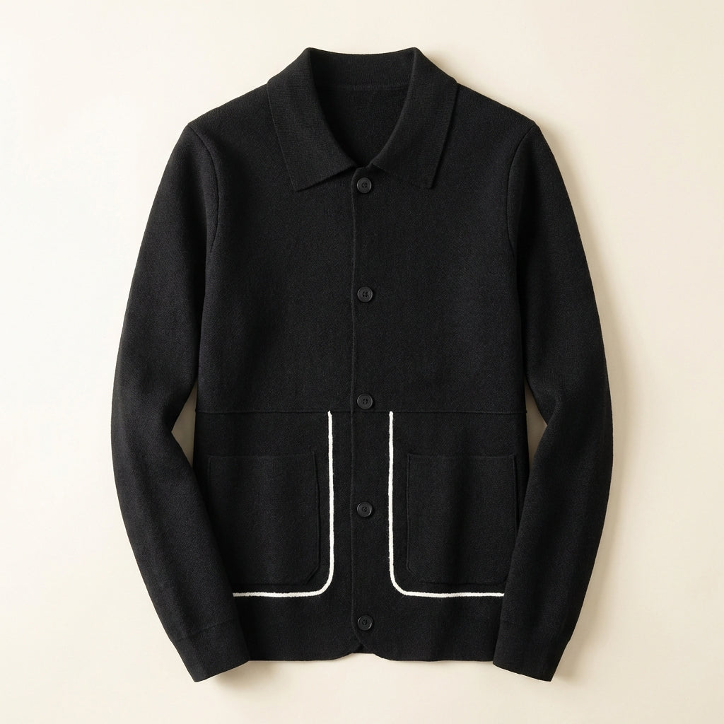 Men’s Cardigan Flat Point Collar and Dual Patch Pockets