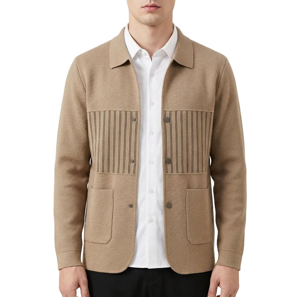 Men’s Cardigan Flat Point Collar and Vertical Contrast Stripes