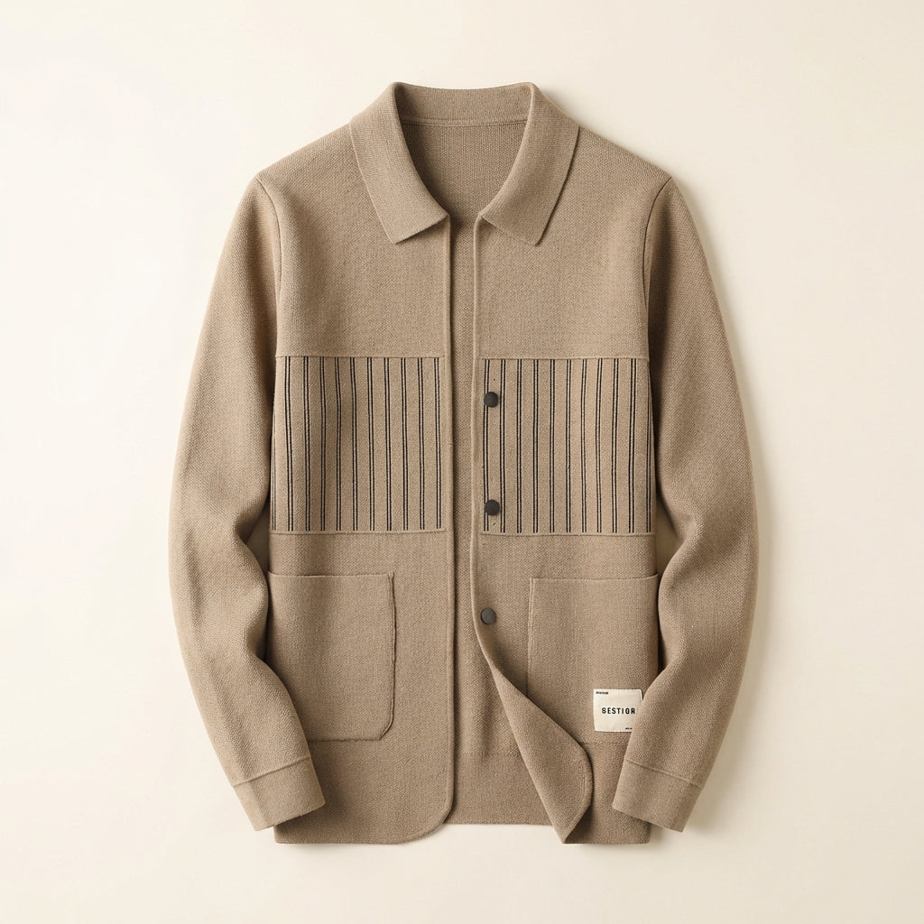 Men’s Cardigan Flat Point Collar and Vertical Contrast Stripes