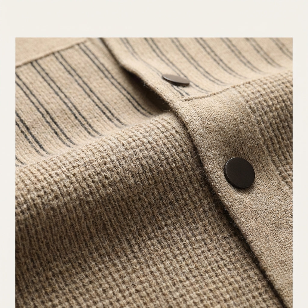 Men’s Cardigan Flat Point Collar and Vertical Contrast Stripes
