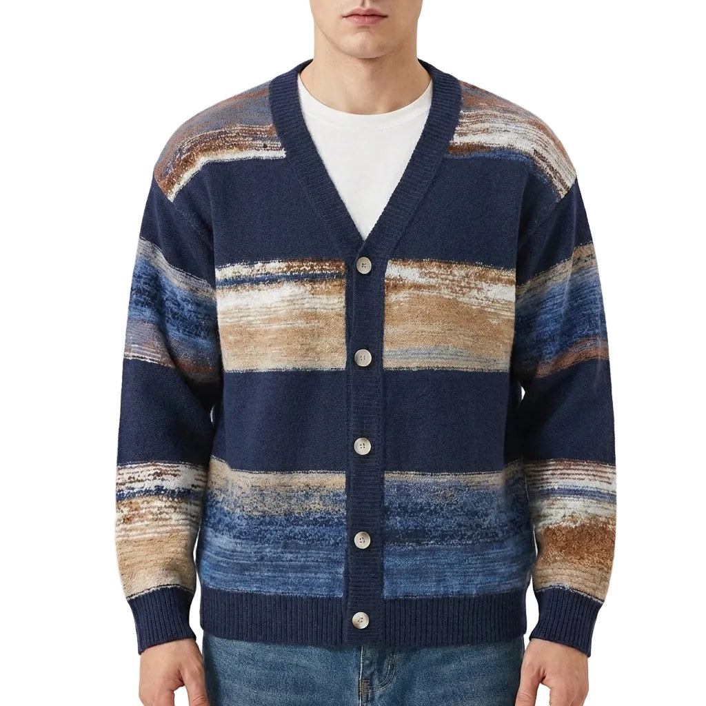 Men’s Cardigan Long Sleeves with Horizontal Stripe Panels