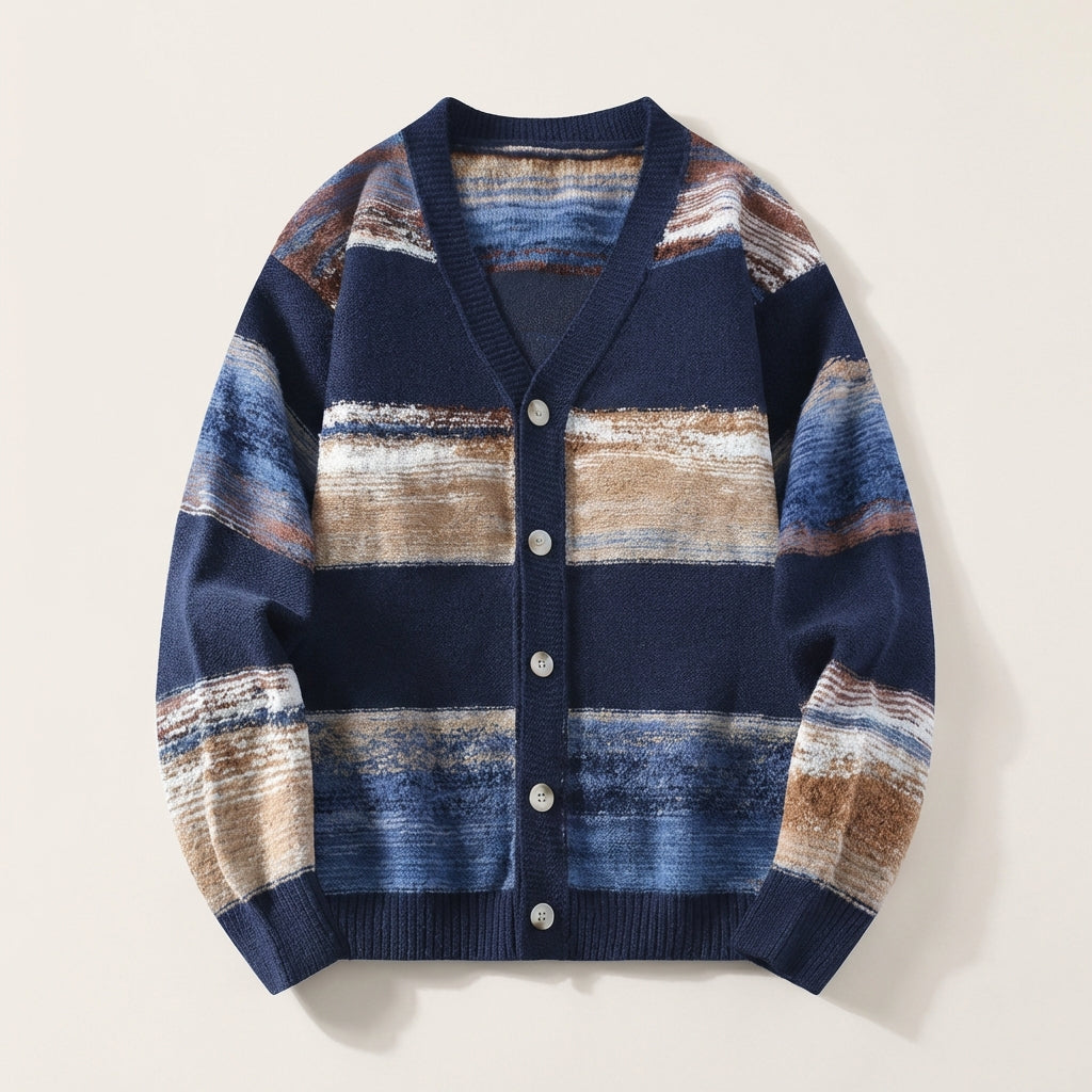 Men’s Cardigan Long Sleeves with Horizontal Stripe Panels