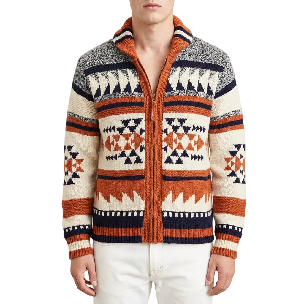 Men’s Cardigan Mock Neckline with Geometric Intarsia Graphics