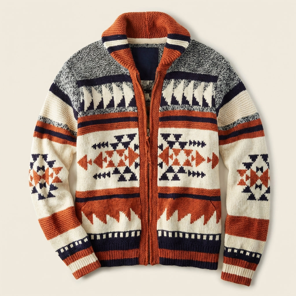 Men’s Cardigan Mock Neckline with Geometric Intarsia Graphics