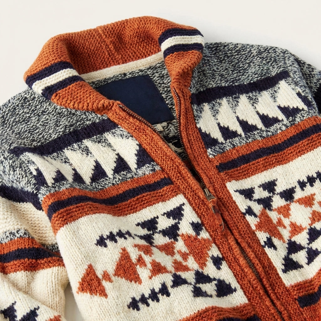 Men’s Cardigan Mock Neckline with Geometric Intarsia Graphics
