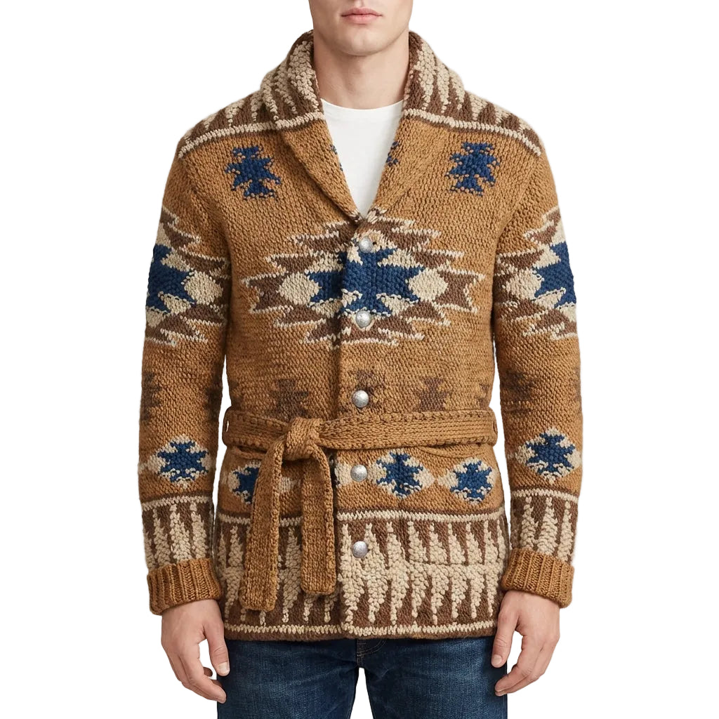 Men’s Cardigan Shawl Collar and Self-Tie Fabric Waist Belt