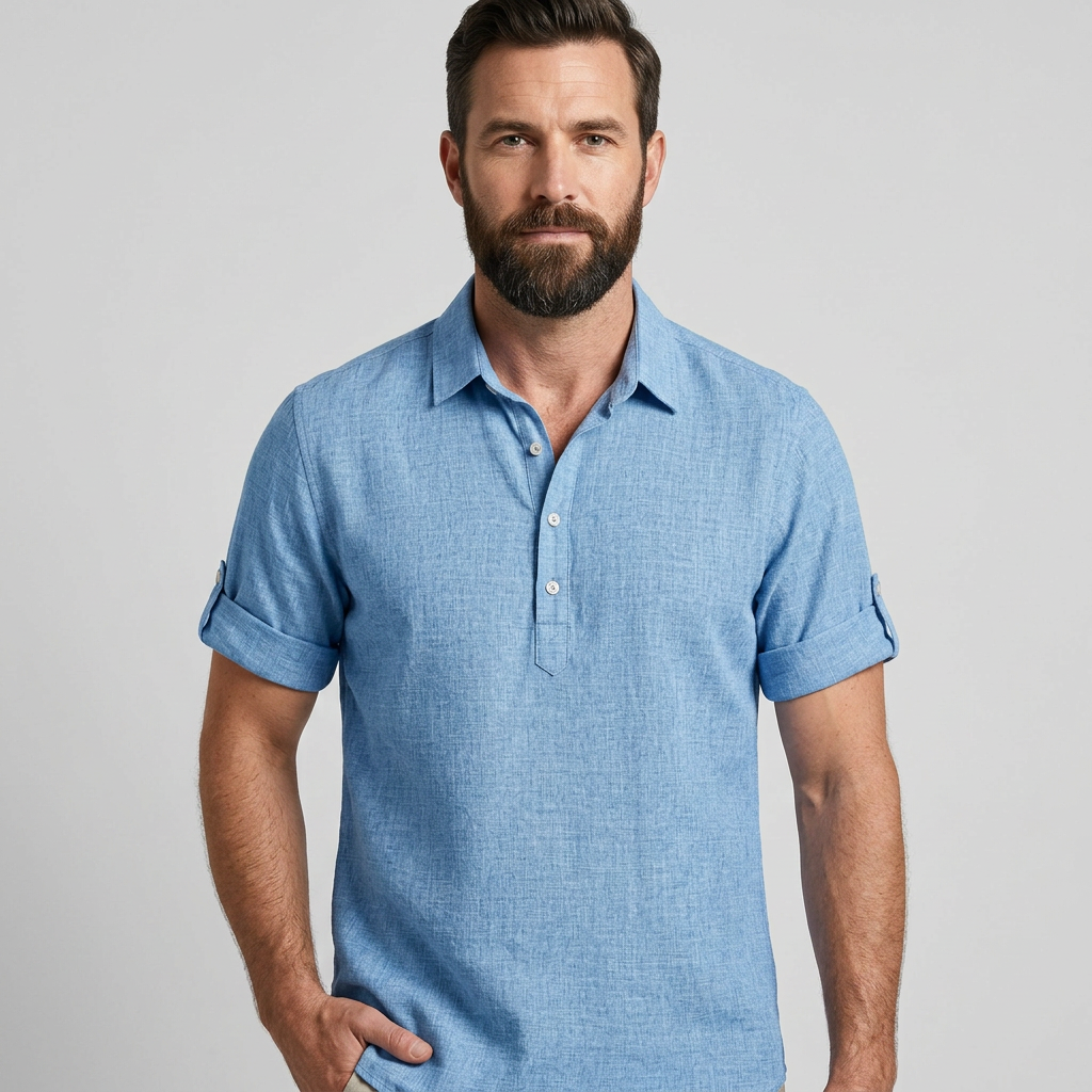 Men's Collared Popover Shirt with Roll-Up Sleeves