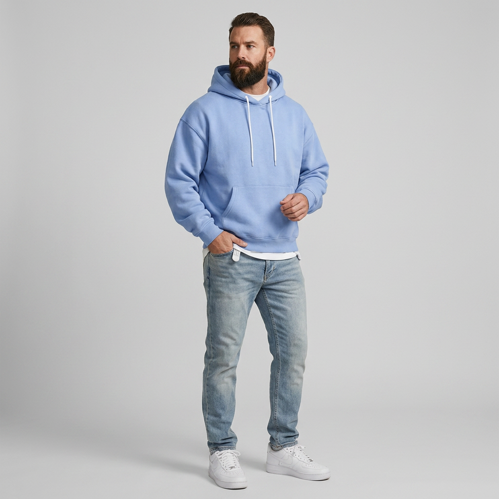 Herrenhoodie mit angenähter Kapuze mit Kordelzug und Kängurutasche vorne