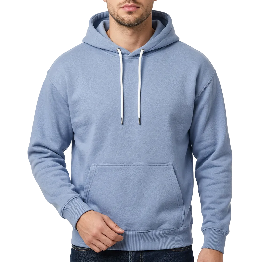 Herrenhoodie mit angenähter Kapuze mit Kordelzug und Kängurutasche vorne