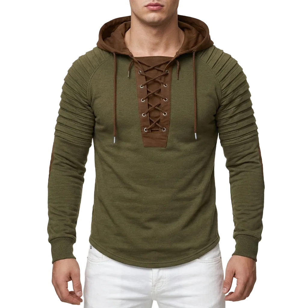 Men’s Hoodie Lace-Up Neckline and Pintuck Sleeve Panels