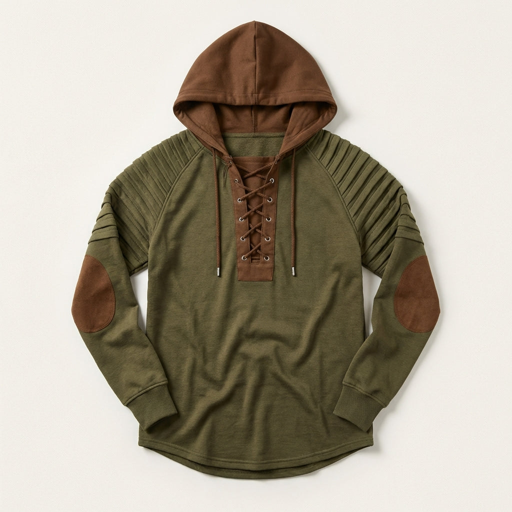 Men’s Hoodie Lace-Up Neckline and Pintuck Sleeve Panels