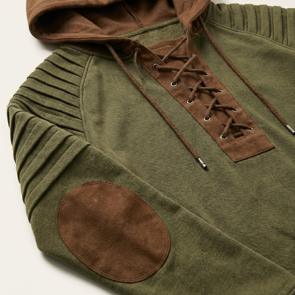 Men’s Hoodie Lace-Up Neckline and Pintuck Sleeve Panels
