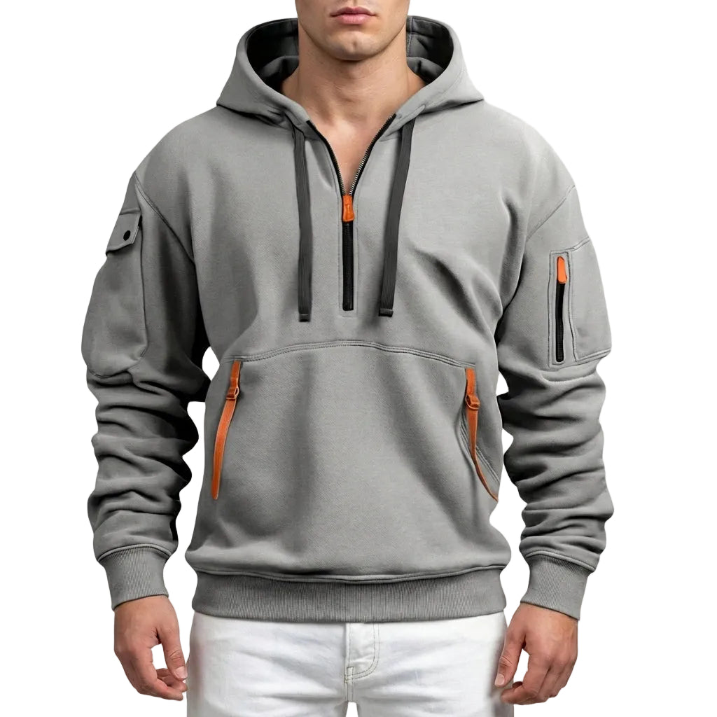 Men’s Hoodie Quarter-Zip Placket and Utility Sleeve Pockets