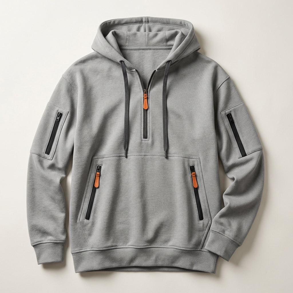 Men’s Hoodie Quarter-Zip Placket and Utility Sleeve Pockets