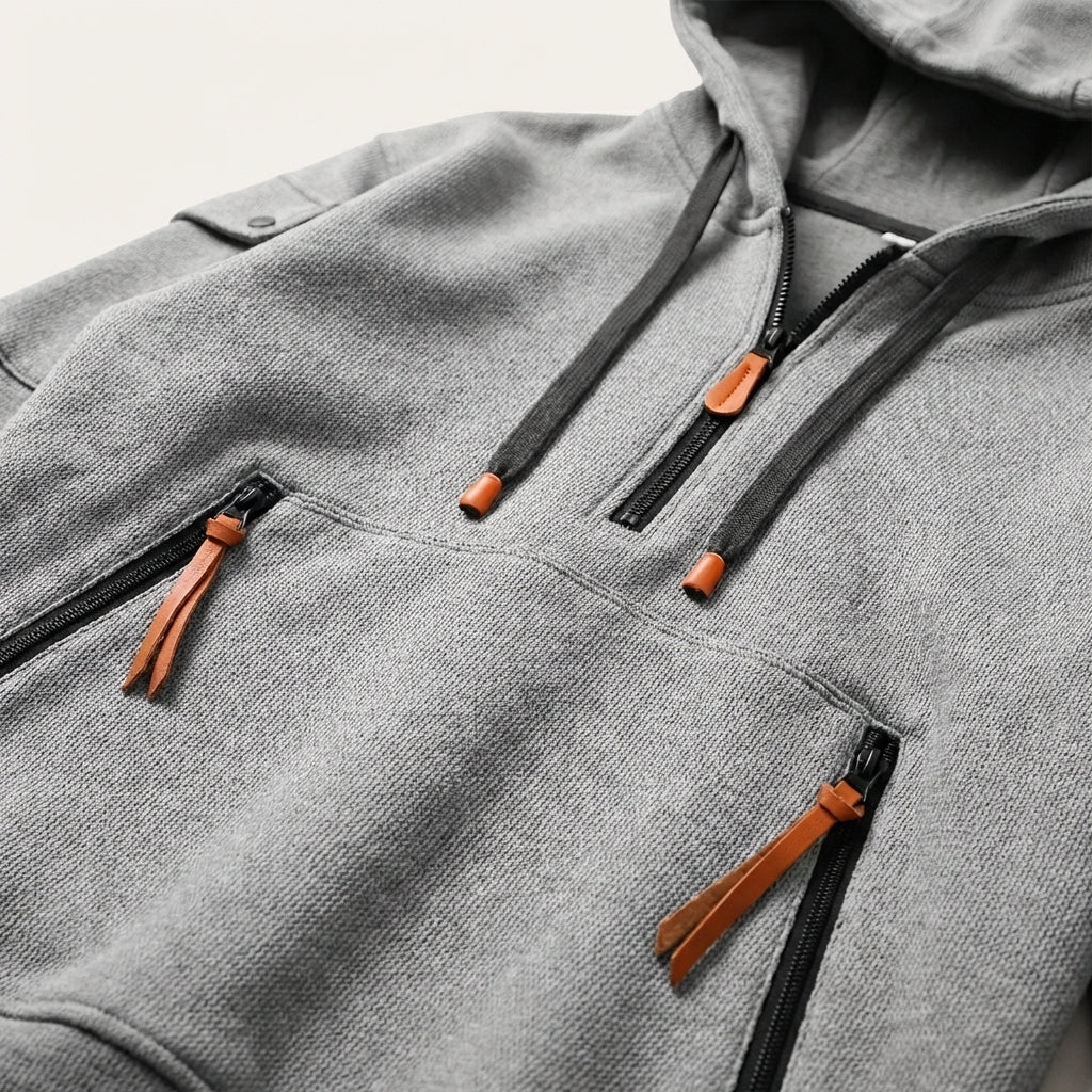 Men’s Hoodie Quarter-Zip Placket and Utility Sleeve Pockets
