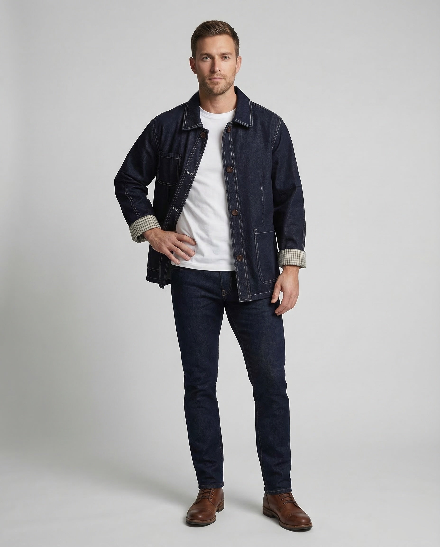 Men's worker jacket denim fabric contrast seams 1