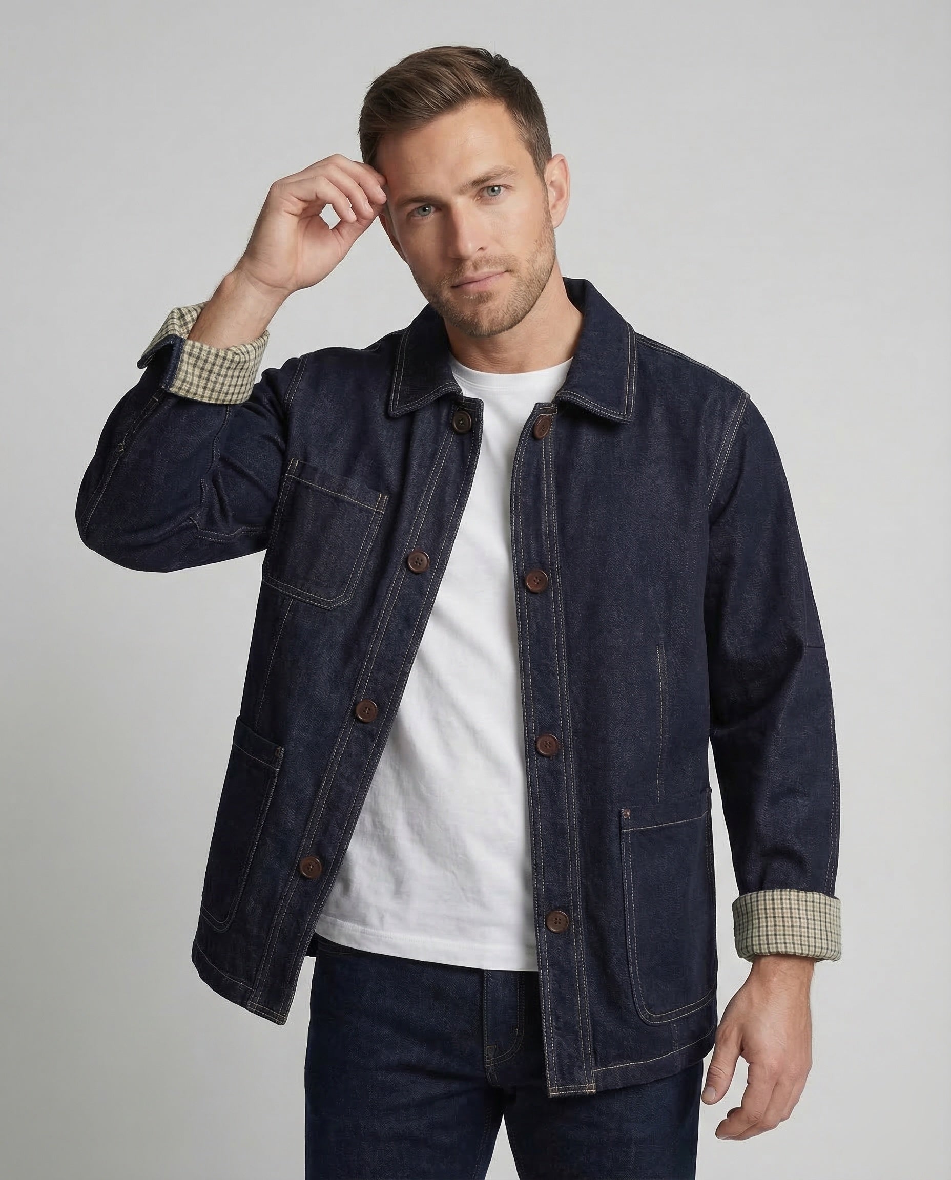 Men's worker jacket denim fabric contrast seams 2