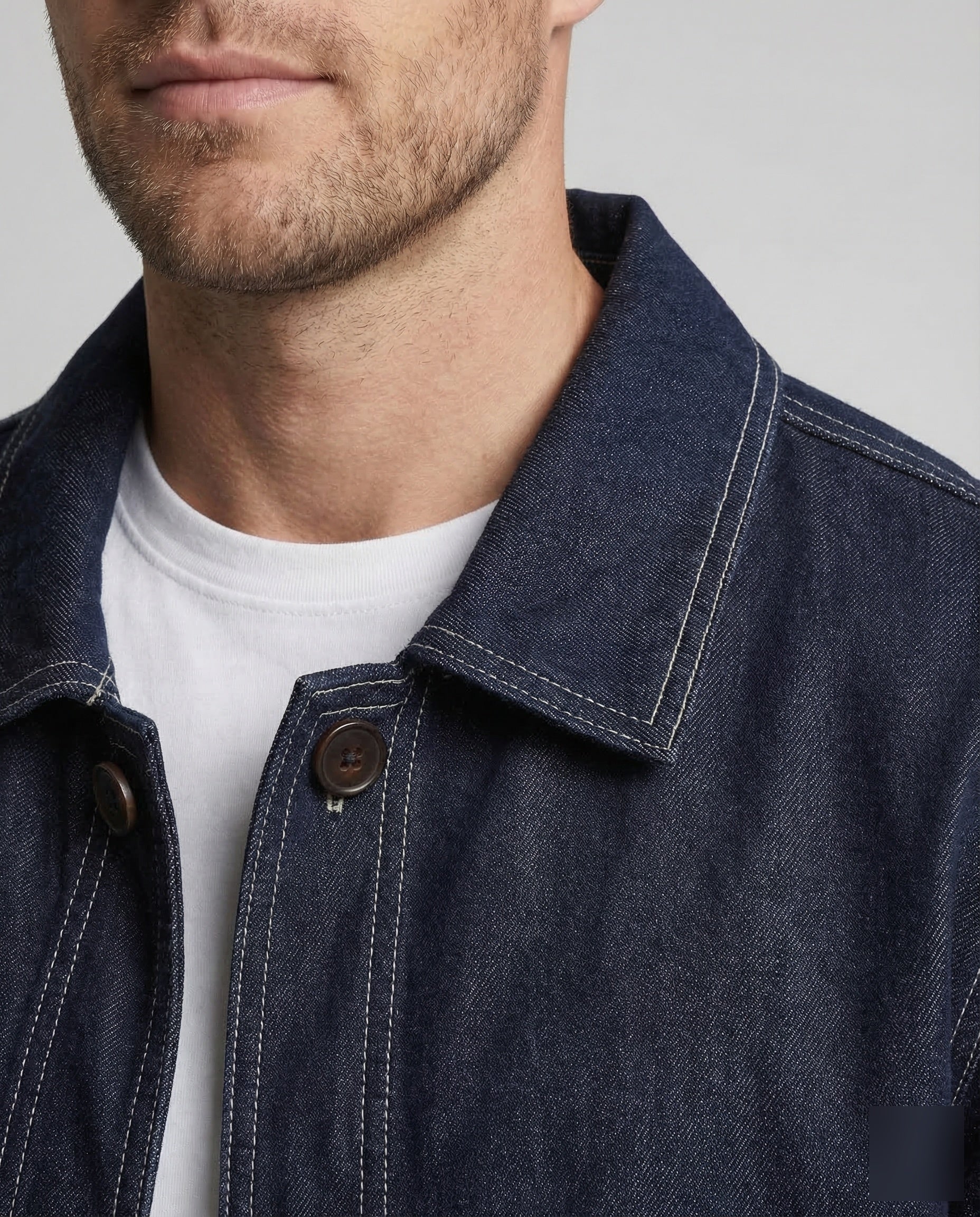 Men's worker jacket denim fabric contrast seams 3