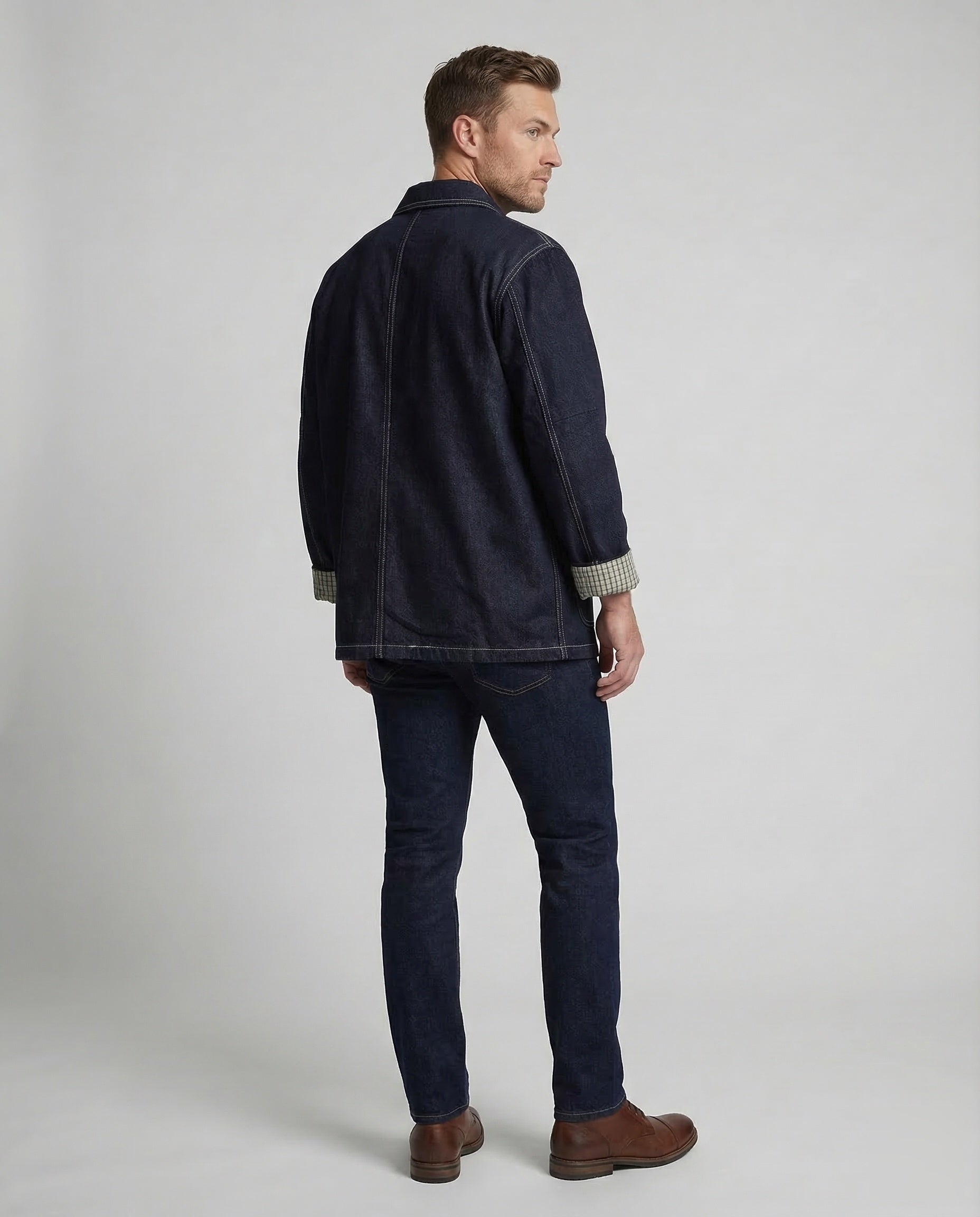 Men's worker jacket denim fabric contrast seams 4