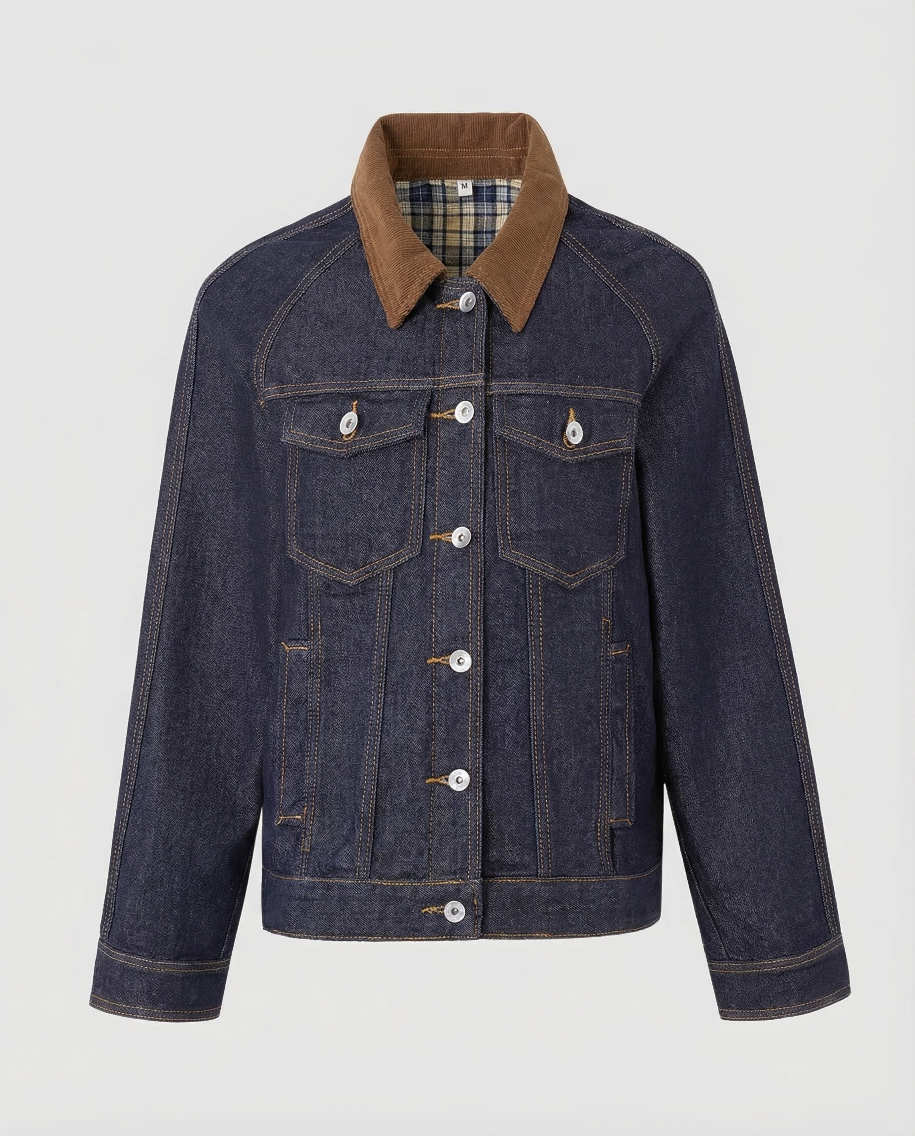 Men's denim jacket with corduroy collar and checkered lining 0