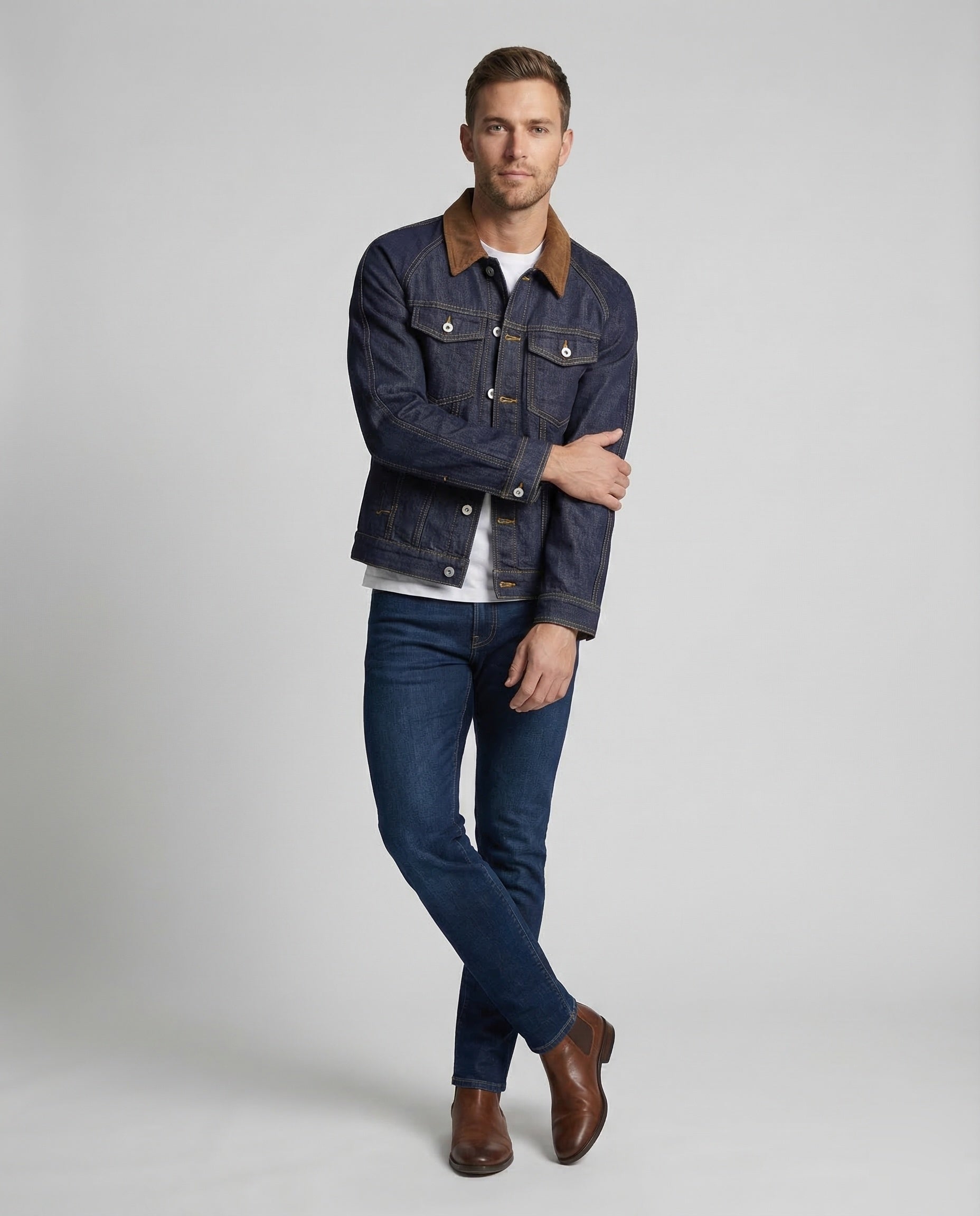 Men's denim jacket with corduroy collar and checkered lining 1