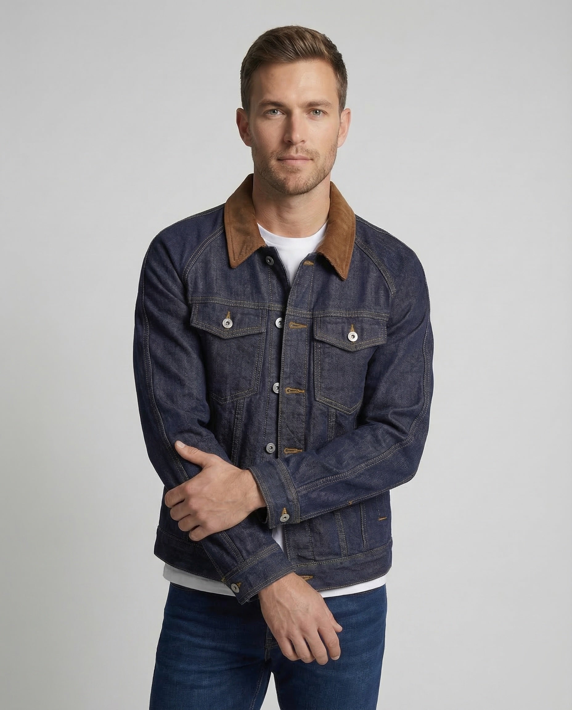 Men's denim jacket with corduroy collar and checkered lining 2