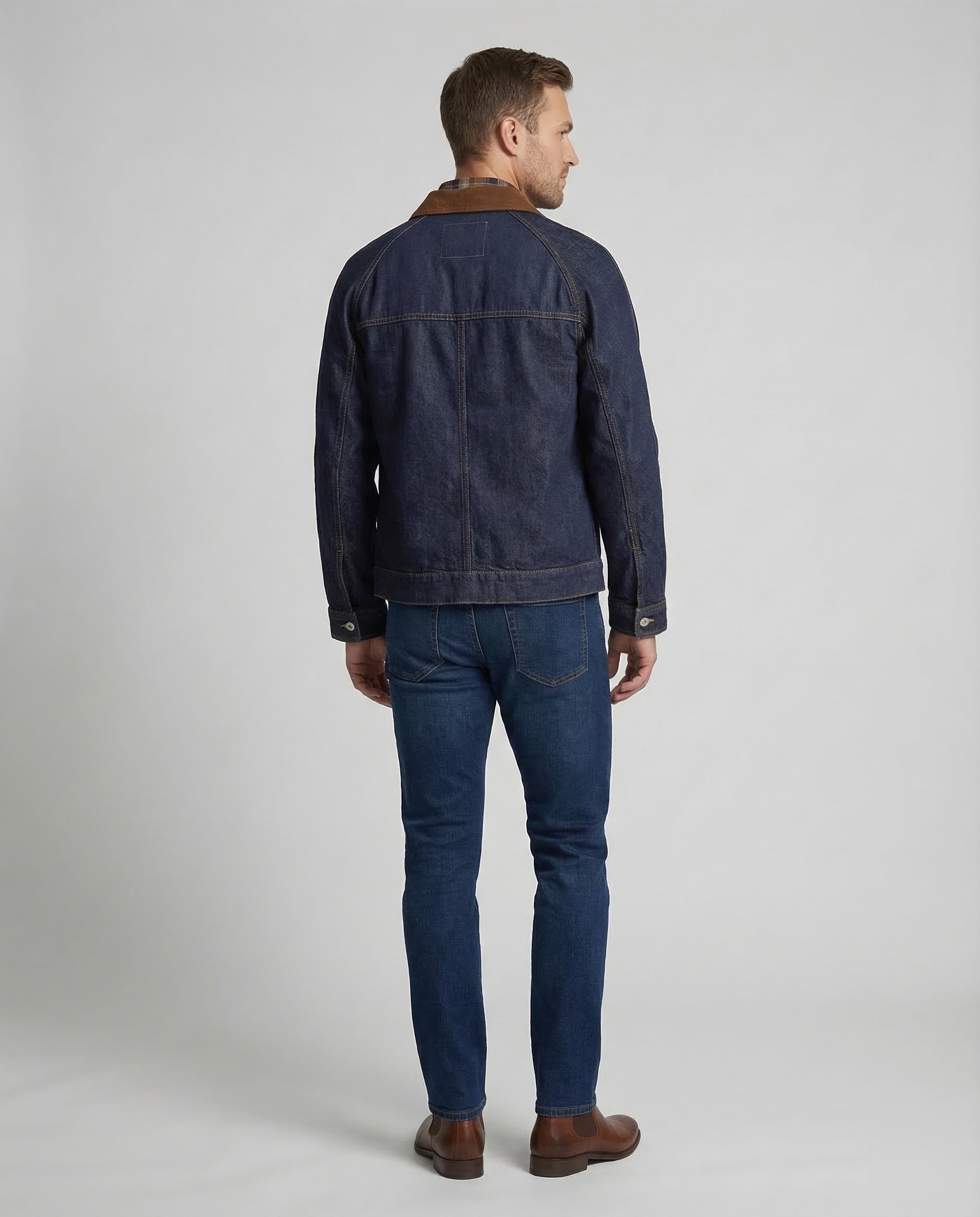 Men's denim jacket with corduroy collar and checkered lining 4