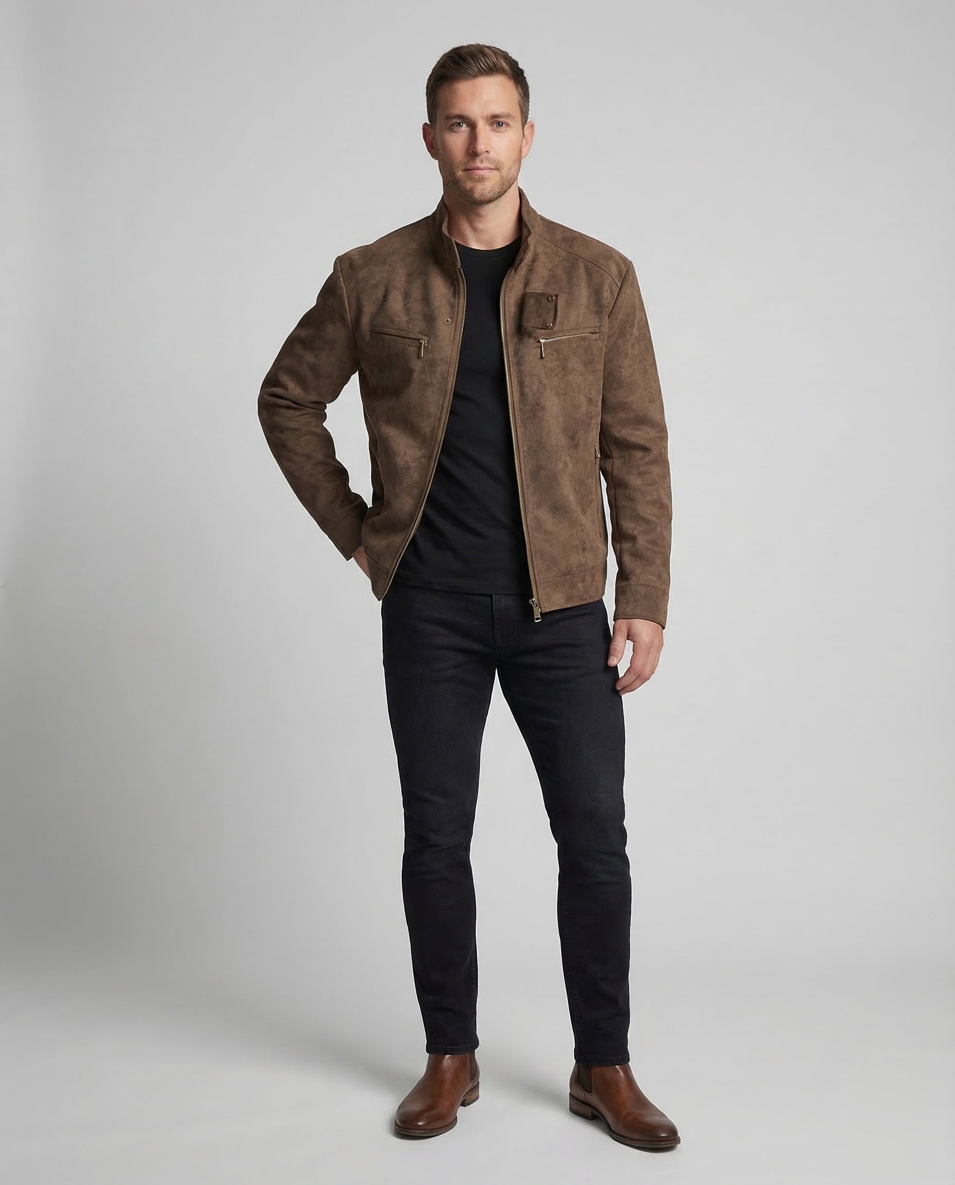 Men's biker jacket, suede look, stand-up collar 1