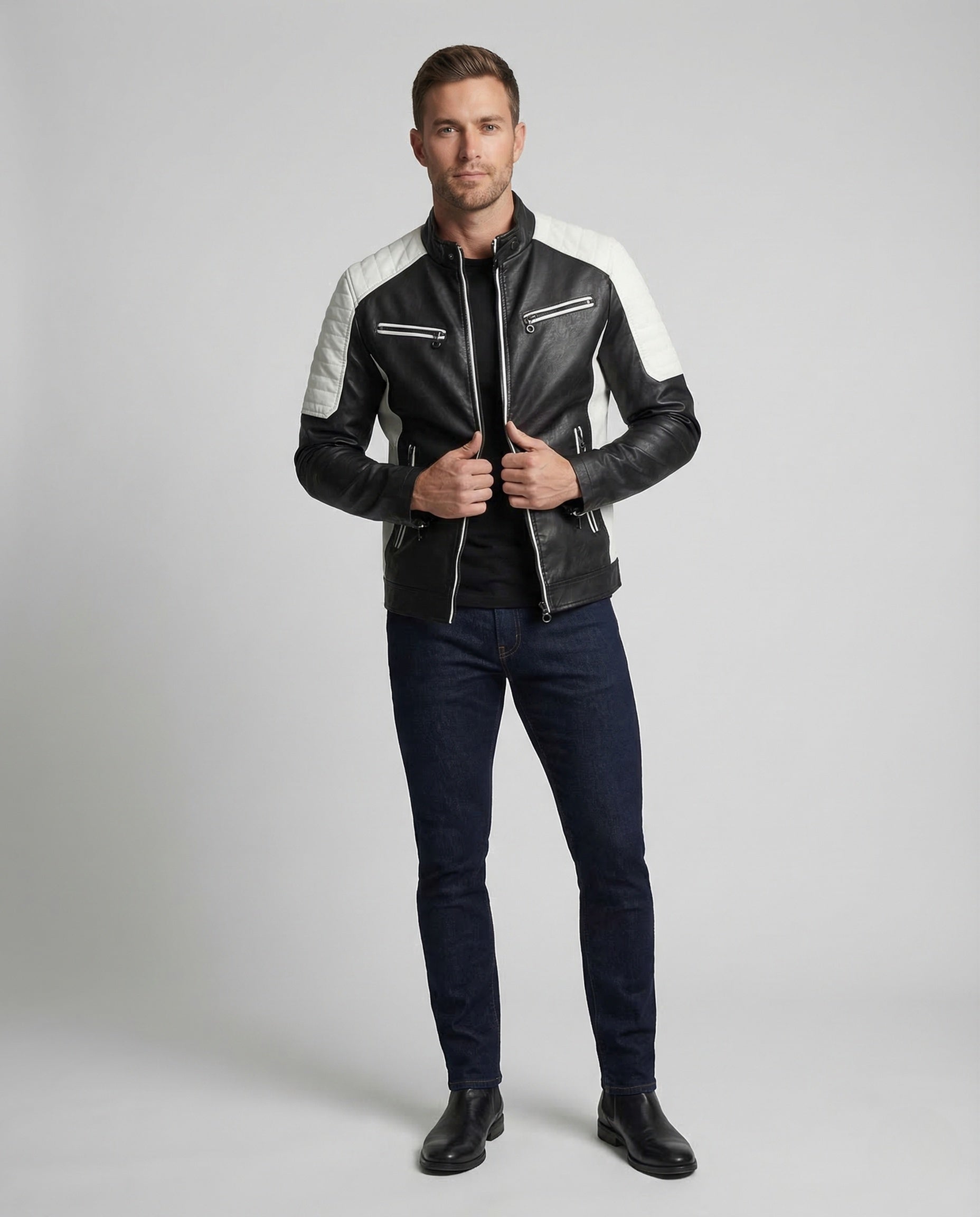 Men's faux leather biker jacket quilted shoulder 1