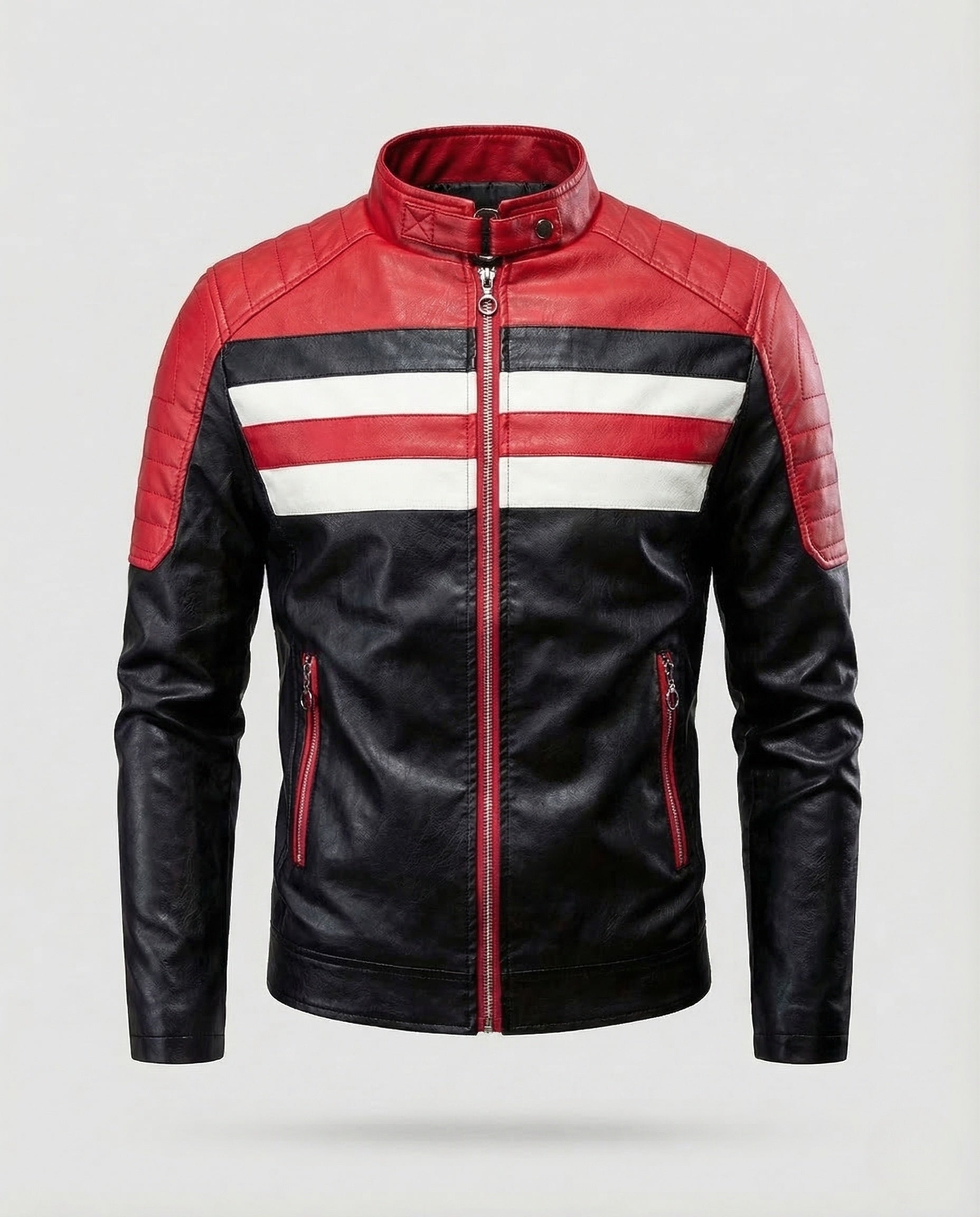 Men's faux leather biker jacket quilted shoulder 6
