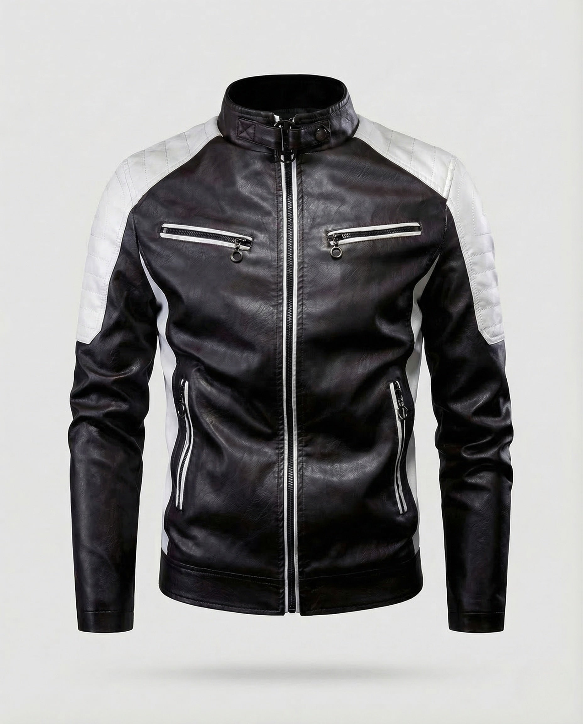 Men's faux leather biker jacket quilted shoulder 7