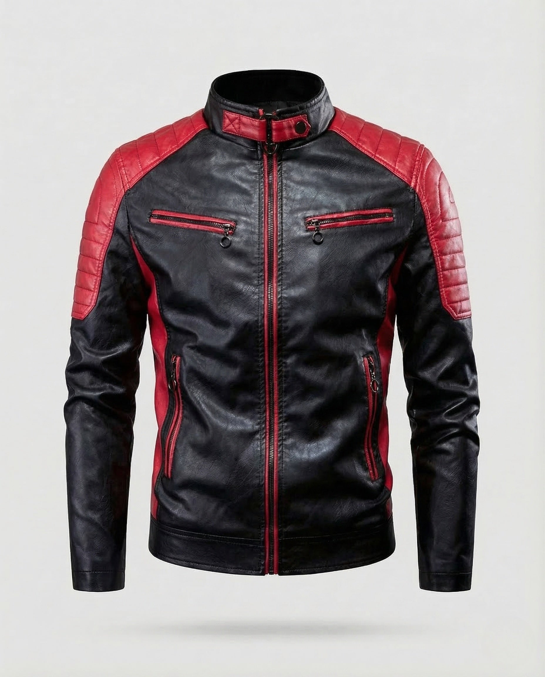 Men's faux leather biker jacket quilted shoulder 8