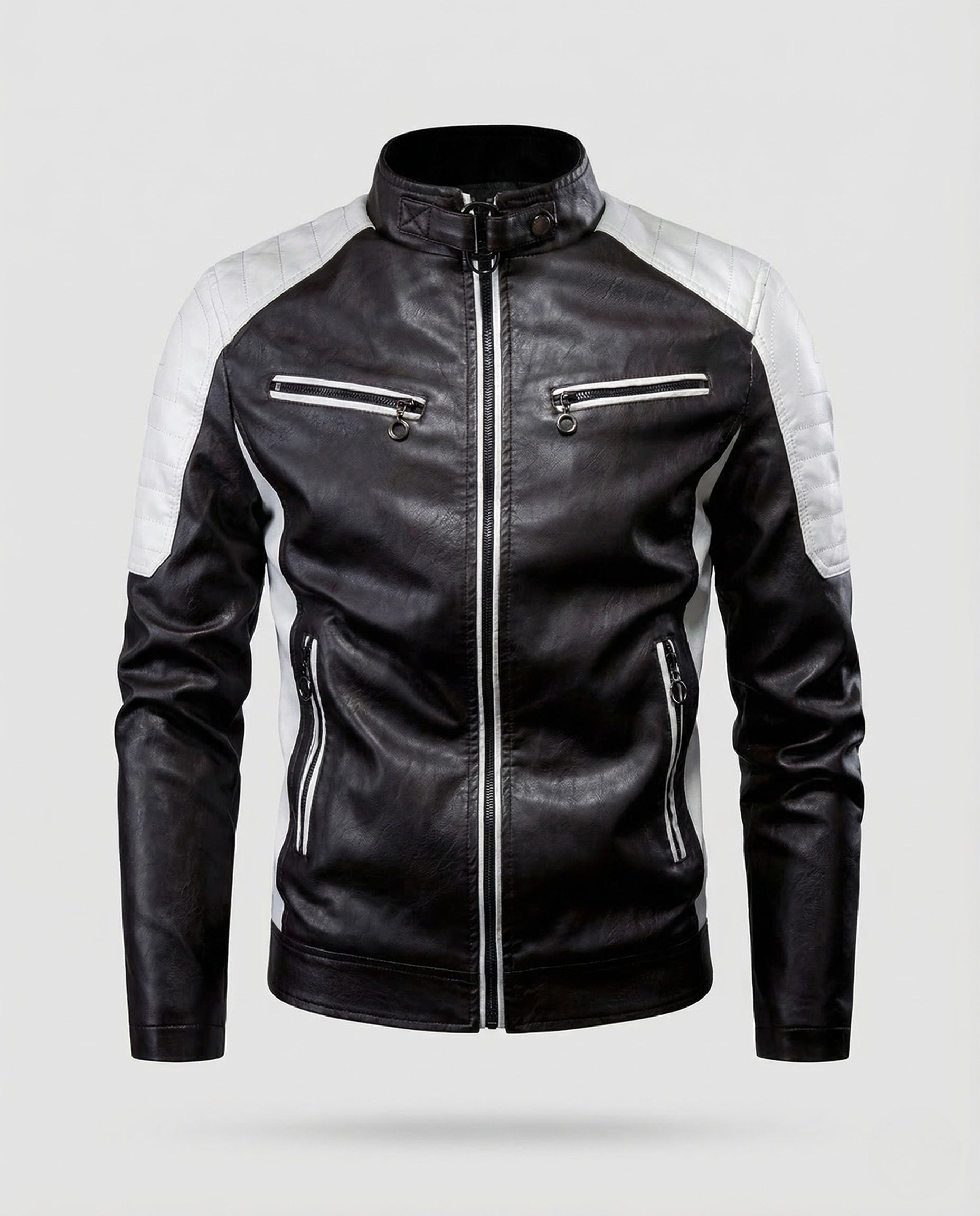 Men's faux leather biker jacket quilted shoulder 0