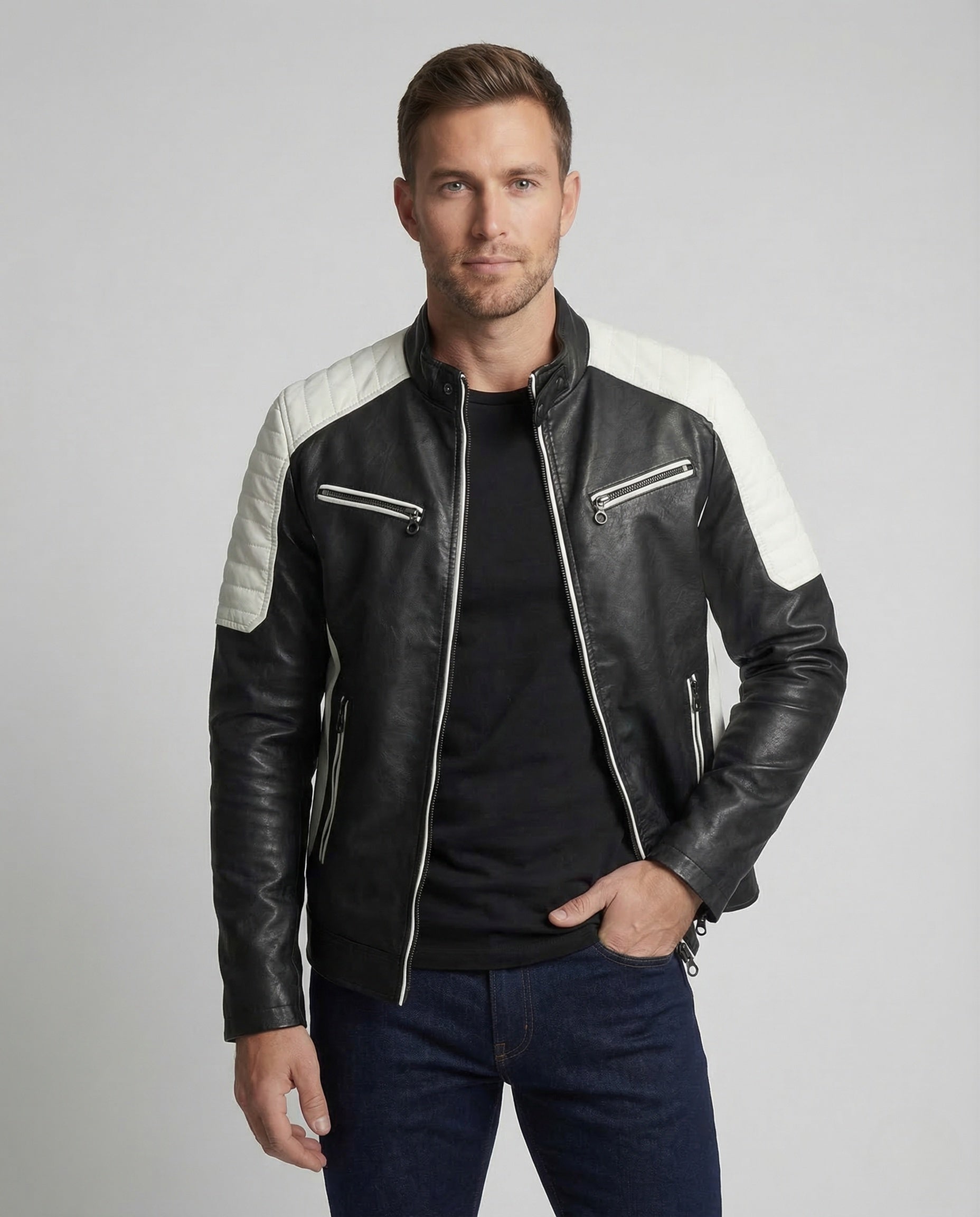 Men's faux leather biker jacket quilted shoulder 2