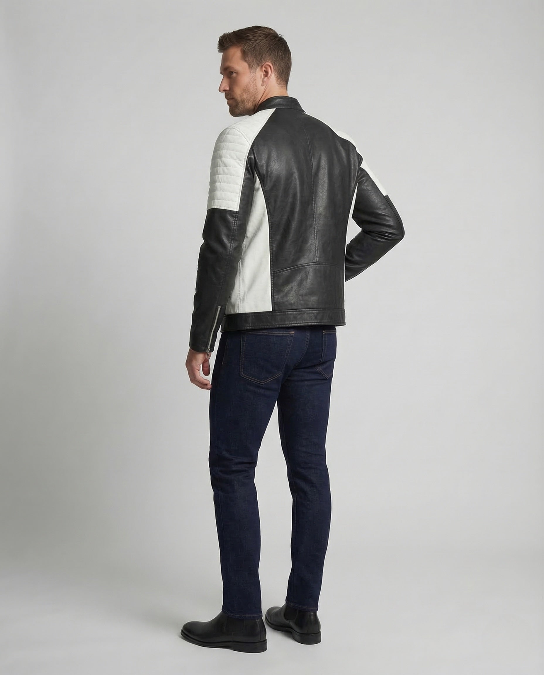 Men's faux leather biker jacket quilted shoulder 4