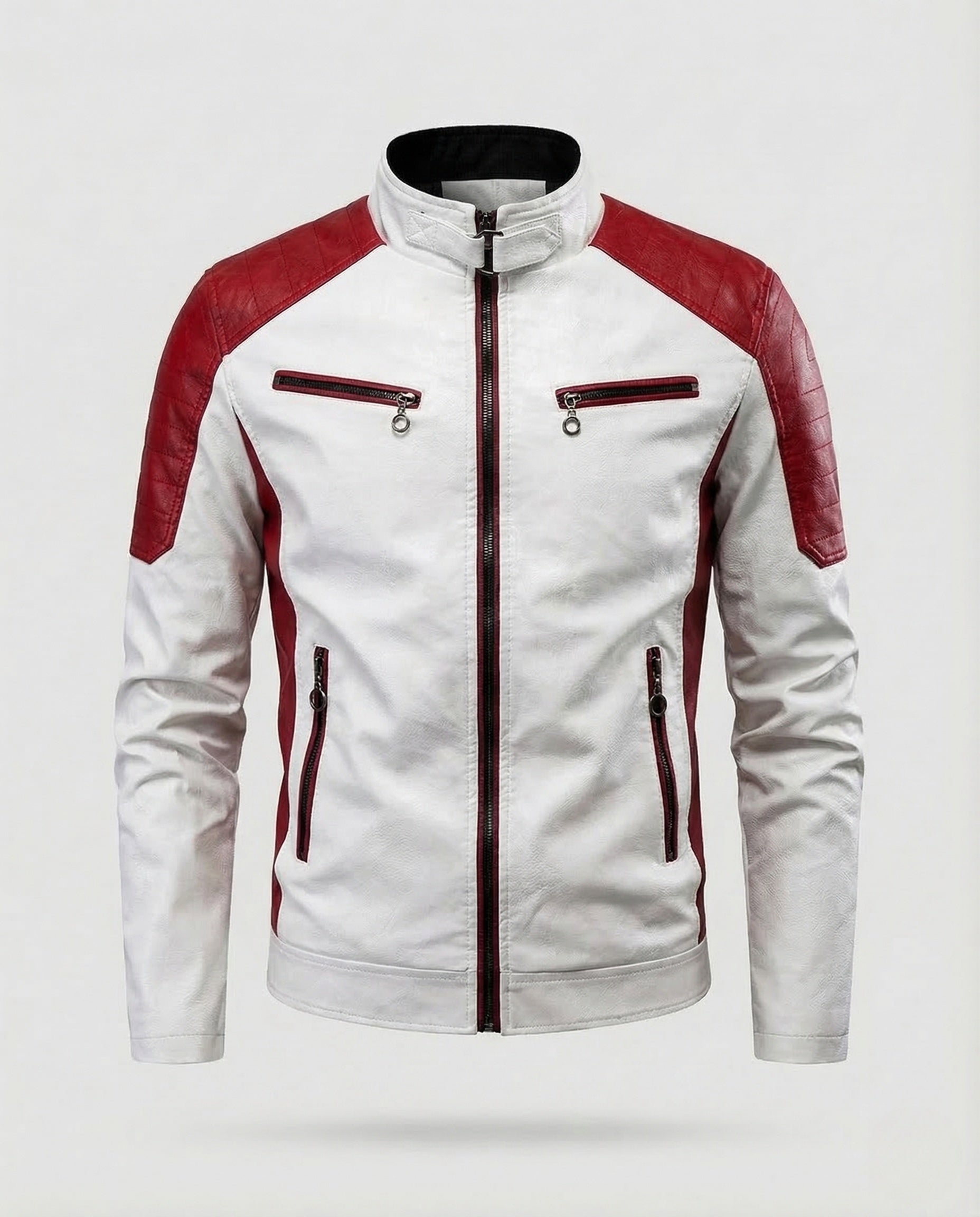 Men's faux leather biker jacket quilted shoulder 5