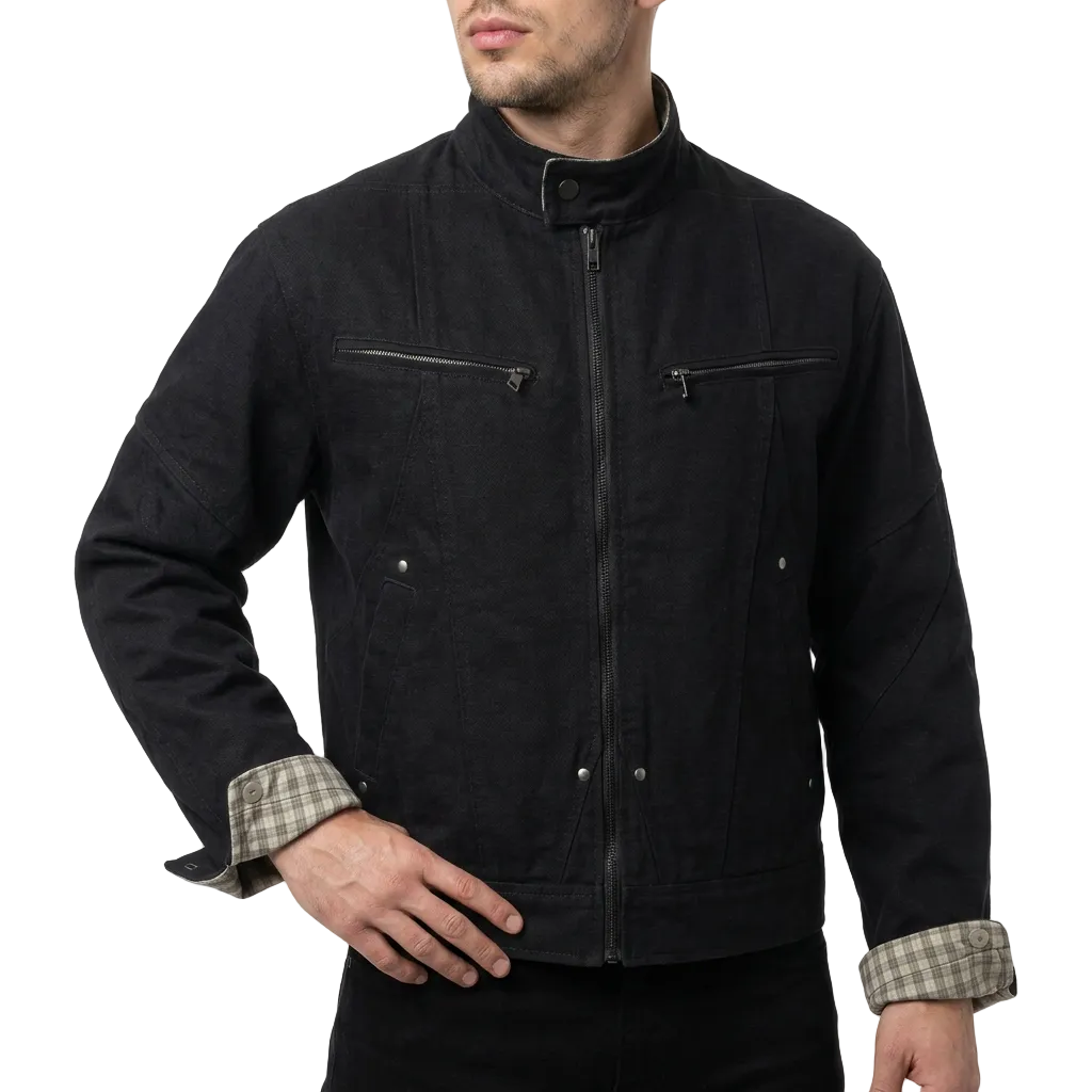 Men’s Jacket Stand Collar and Plaid Cuffs