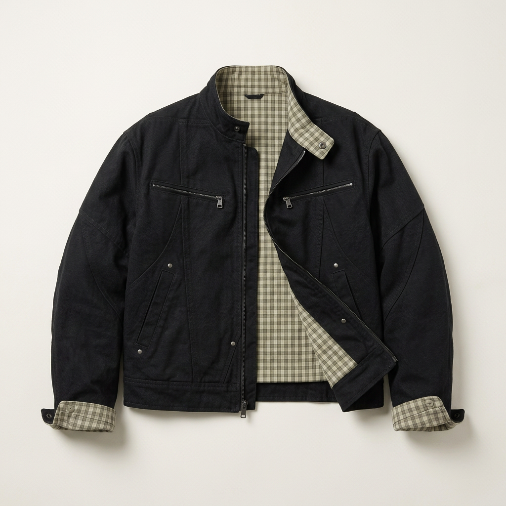 Men’s Jacket Stand Collar and Plaid Cuffs