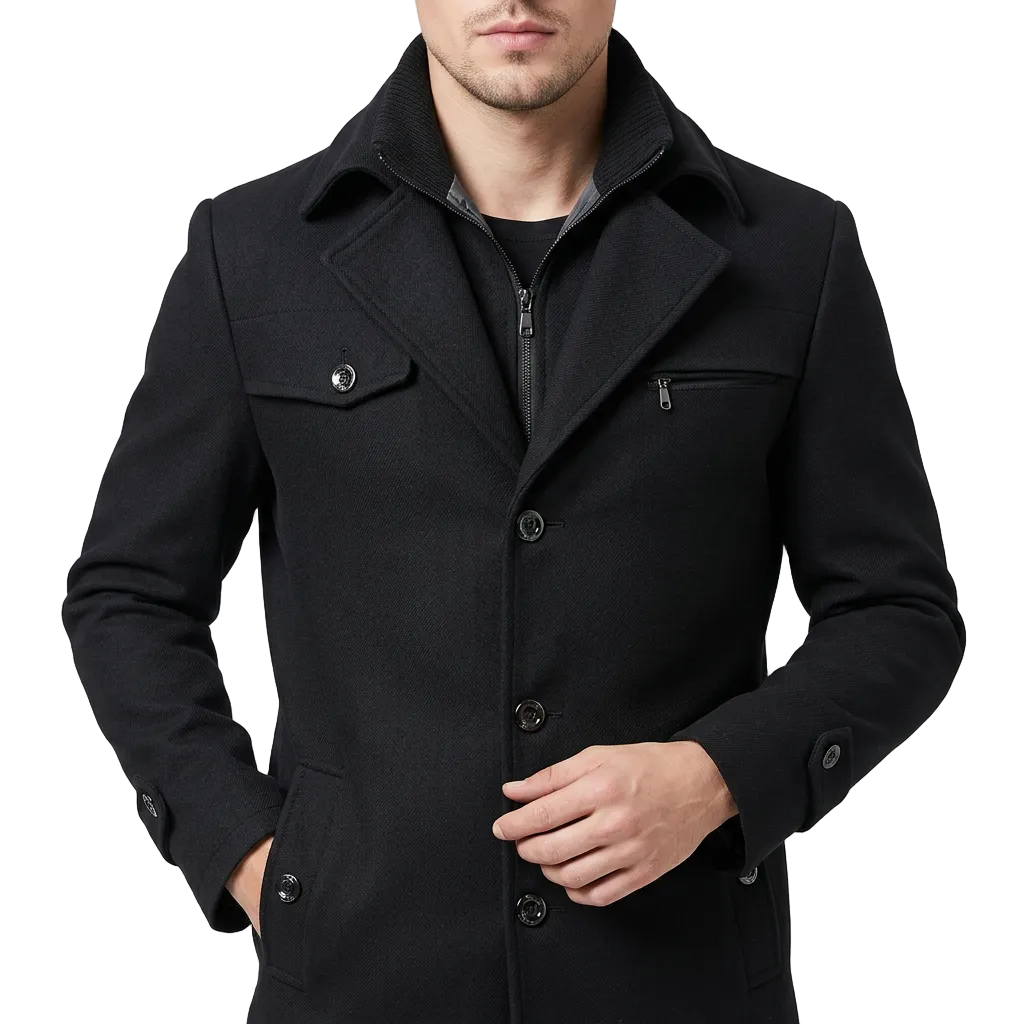 Men’s Mid-Length Overcoat Double Collar Layer