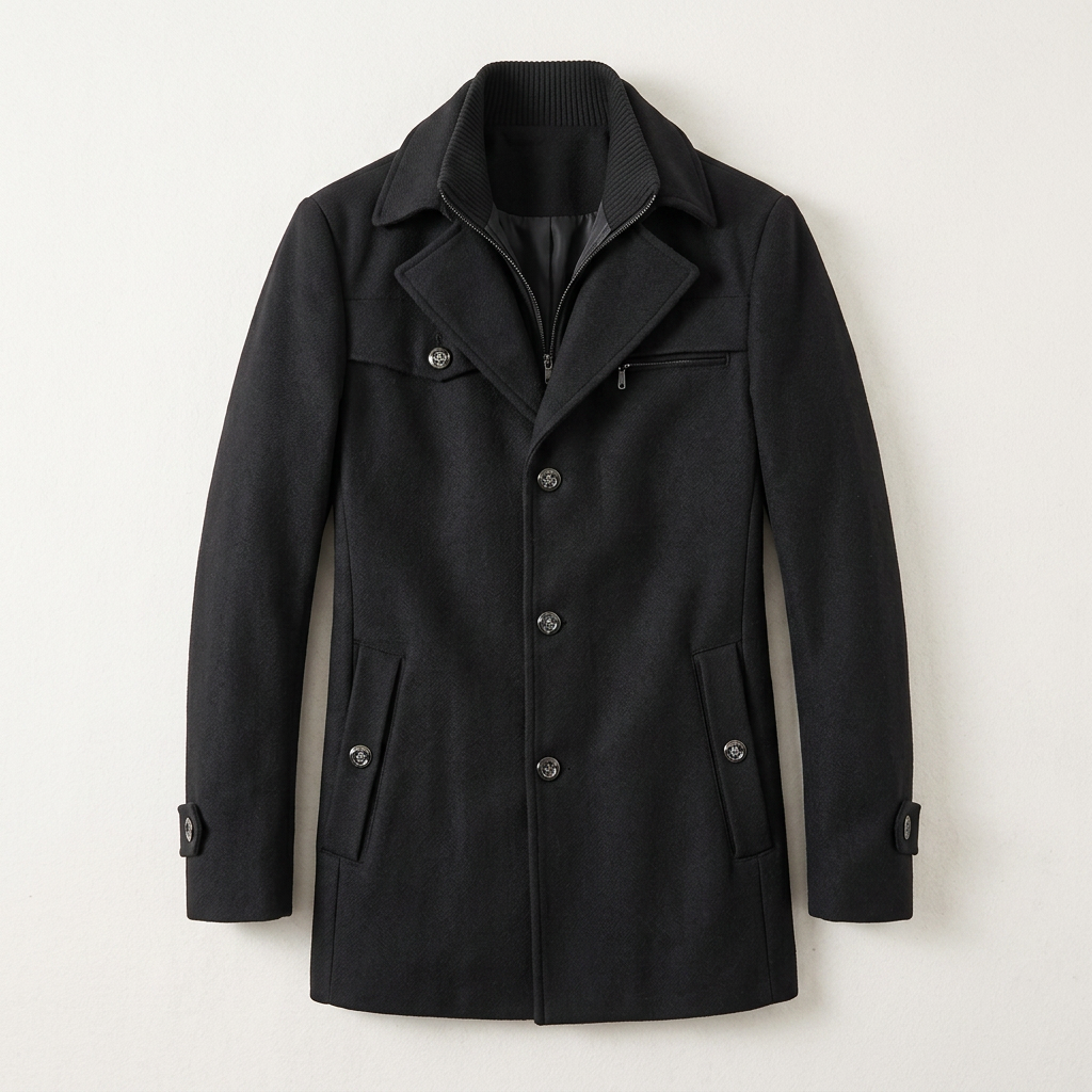 Men’s Mid-Length Overcoat Double Collar Layer