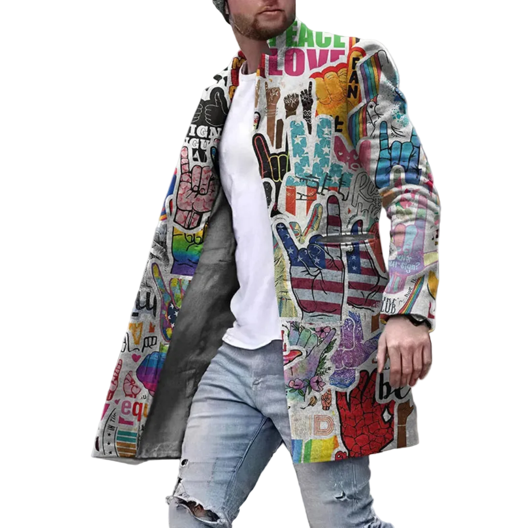 Men’s Overcoat Stand Collar and Allover Graphic Prints