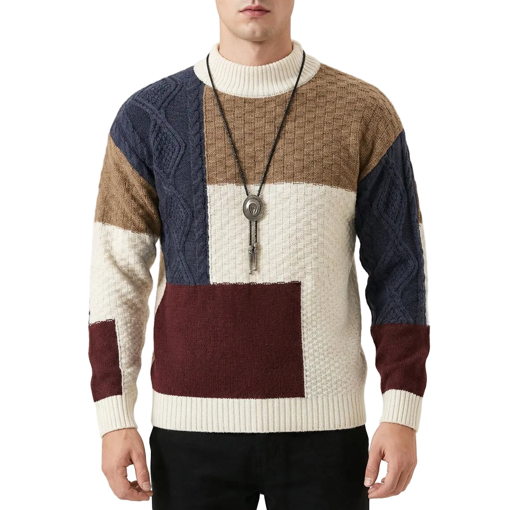 Men’s Pullover Sweater Round Neckline Mixed Stitch Panel