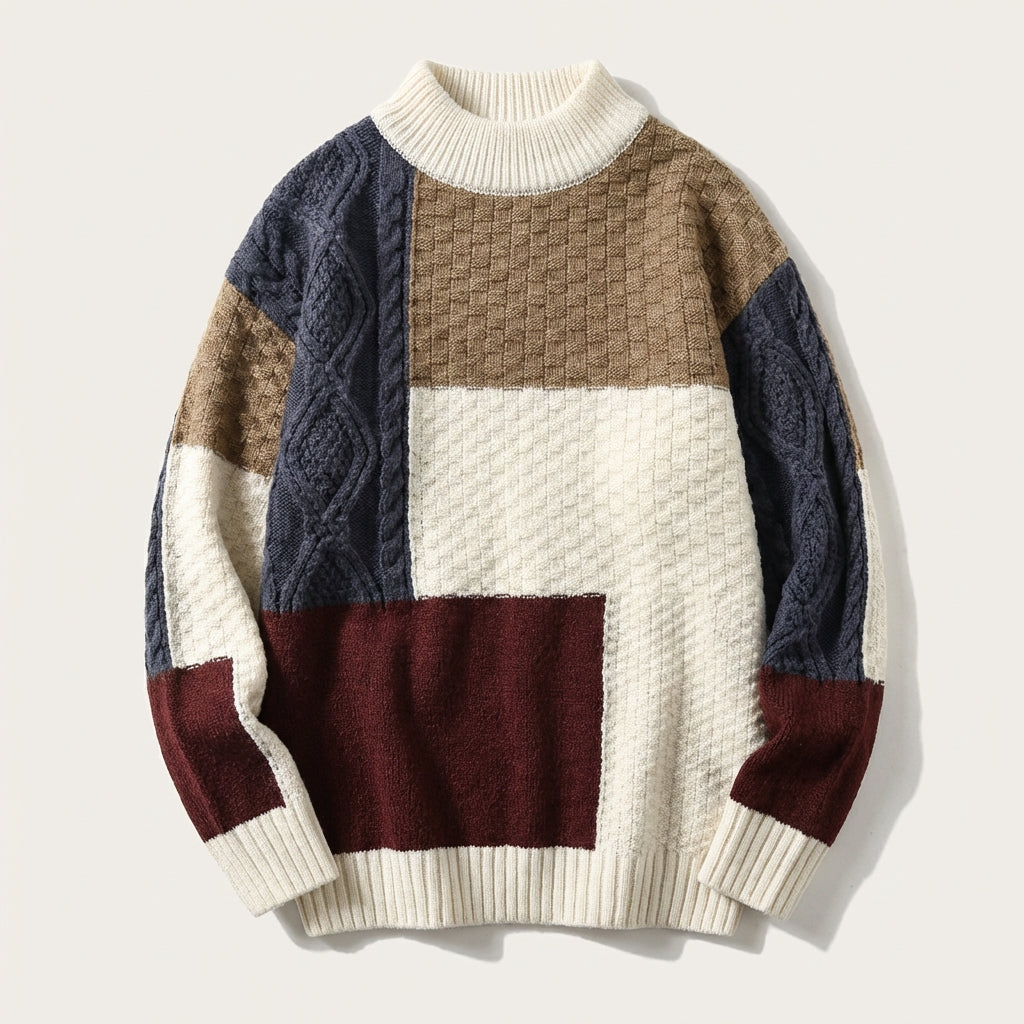 Men’s Pullover Sweater Round Neckline Mixed Stitch Panel