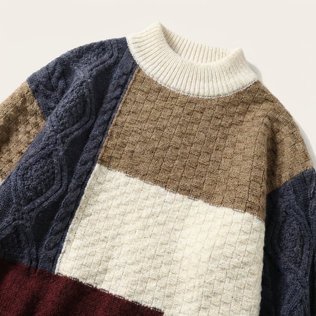 Men’s Pullover Sweater Round Neckline Mixed Stitch Panel