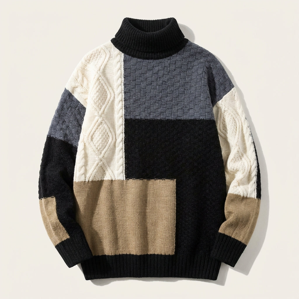 Men’s Pullover Sweater Round Neckline Mixed Stitch Panel