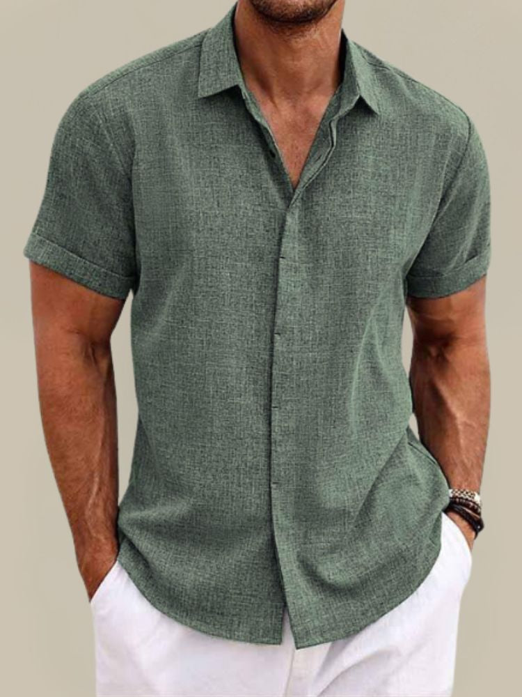 Men’s Linen Short Sleeve Shirt Breathable Lightweight Button Up Summer Casual Shirt 7