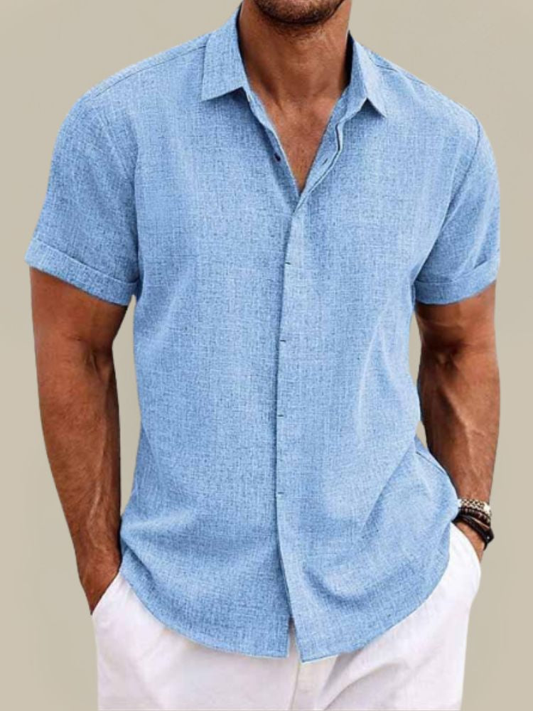 Men’s Linen Short Sleeve Shirt Breathable Lightweight Button Up Summer Casual Shirt 1