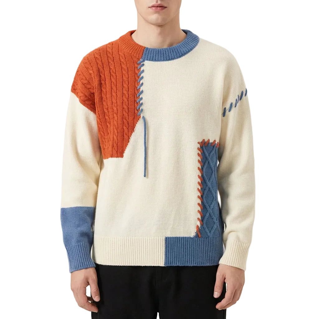 Men’s Sweater Crew Neck Asymmetric Patchwork Design