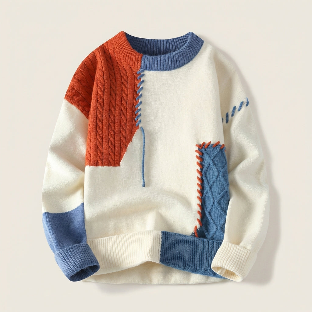 Men’s Sweater Crew Neck Asymmetric Patchwork Design